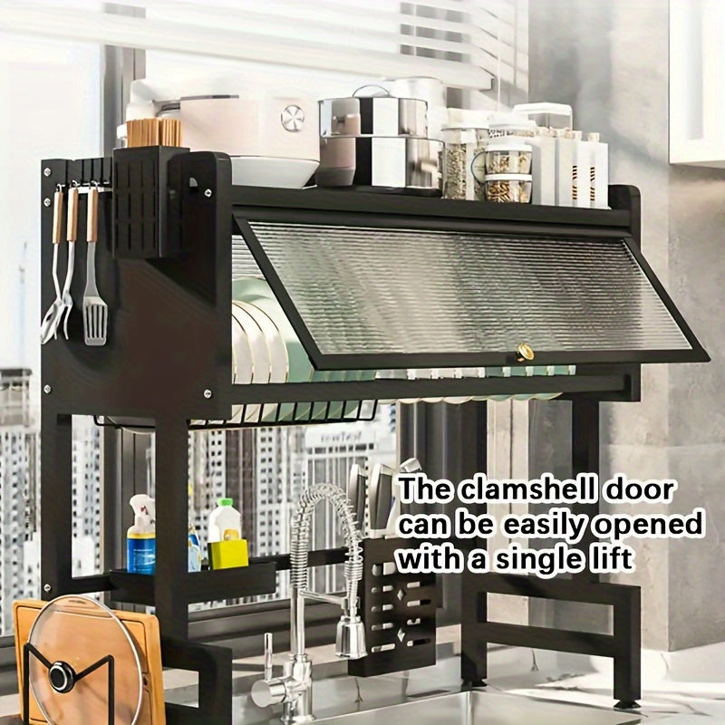 Over-Sink Dish Drying Rack – Flip-Up Glass Door, 2-Tier, Knife Holder & 8 Hooks | Kitchen Organizer