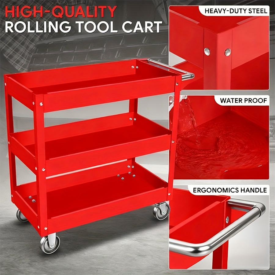 3-Tier Rolling Tool Cart – Heavy-Duty Steel, 4 Swivel Casters, Waterproof Shelves | Garage & Workshop