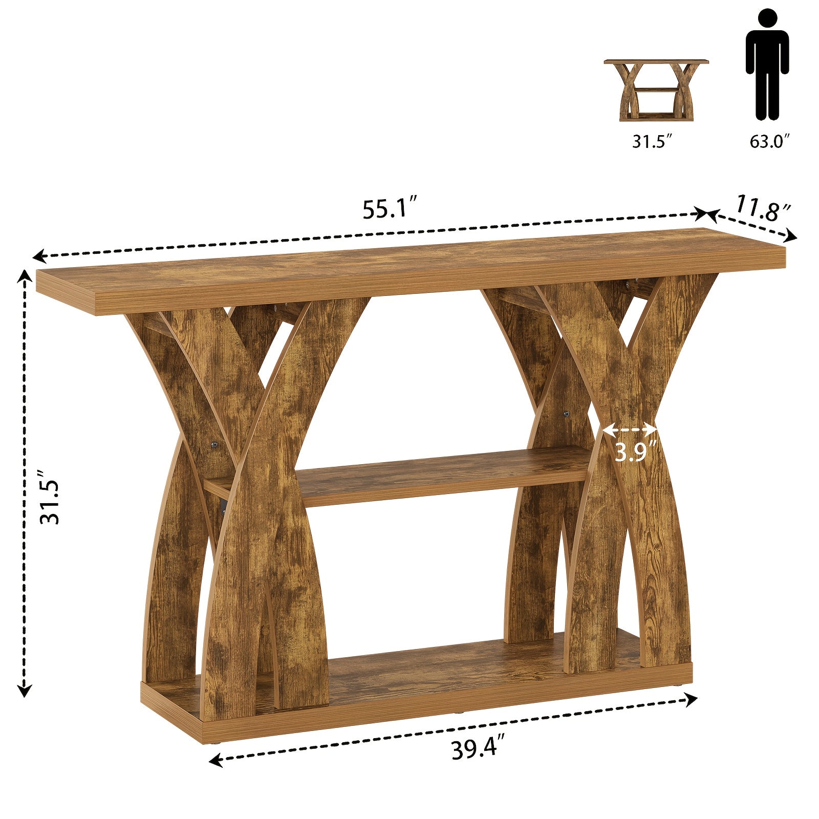 55" Rustic Console Table – 3-Tier Storage, X-Frame Legs, LED Strip | Entryway & Sofa Table