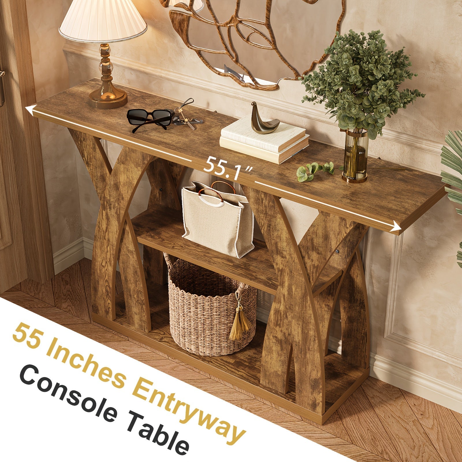 55" Rustic Console Table – 3-Tier Storage, X-Frame Legs, LED Strip | Entryway & Sofa Table