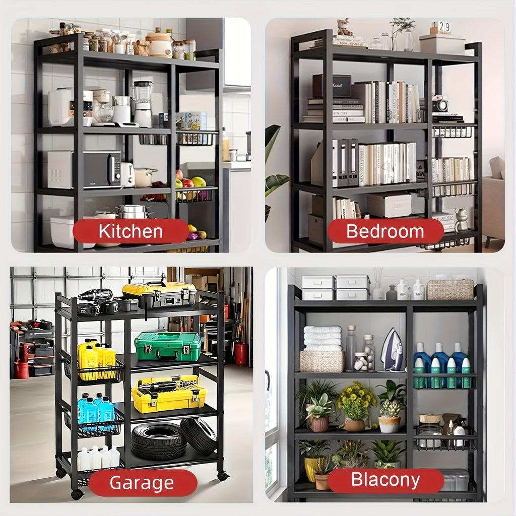 4-Tier Rolling Metal Storage Rack with Side Baskets | Heavy-Duty Utility Shelf on Wheels, Black