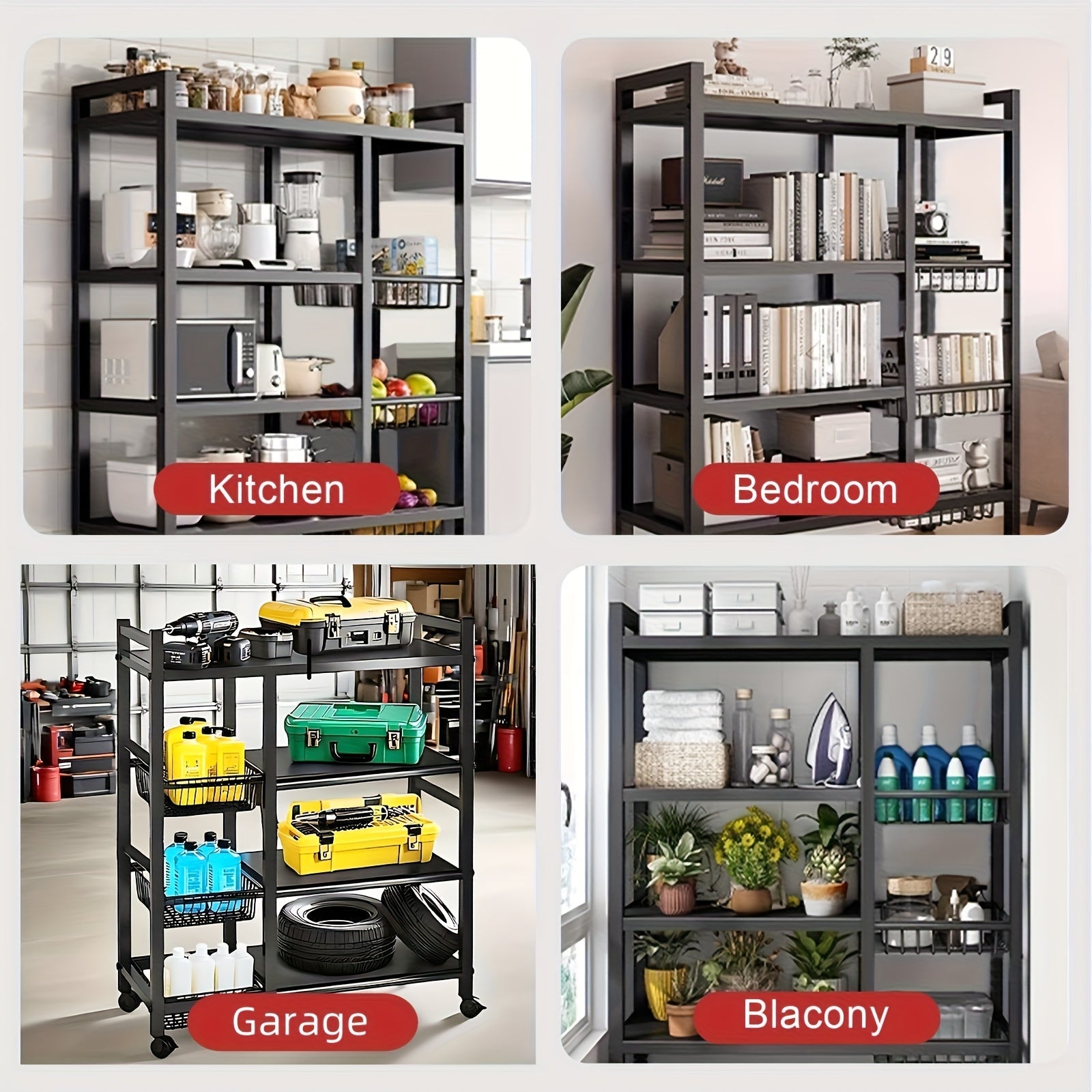 4-Tier Rolling Metal Storage Rack with Side Baskets | Heavy-Duty Utility Shelf on Wheels, Black