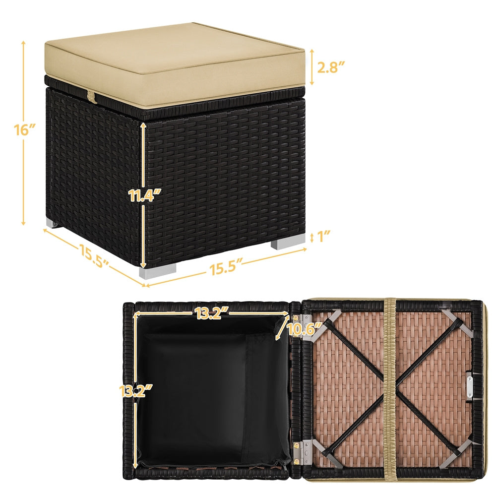 2-Piece Outdoor Rattan Storage Ottoman Set with Cushions