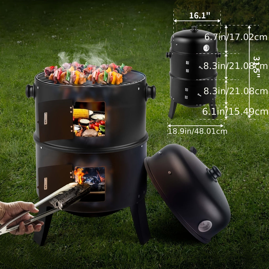 3-in-1 Charcoal Smoker Grill – BBQ Grill, Smoker & Fire Pit | Built-In Thermometer, 2 Access Doors, 6 Food Hooks