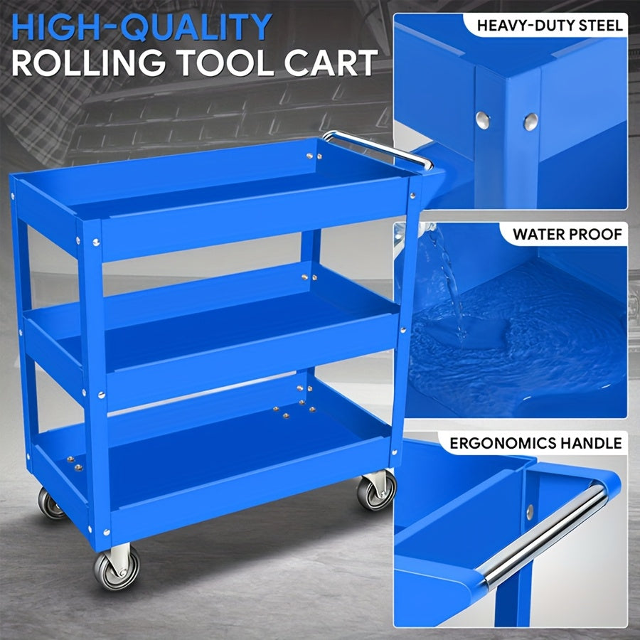 3-Tier Rolling Tool Cart – Heavy-Duty Steel, 4 Swivel Casters, Waterproof Shelves | Garage & Workshop