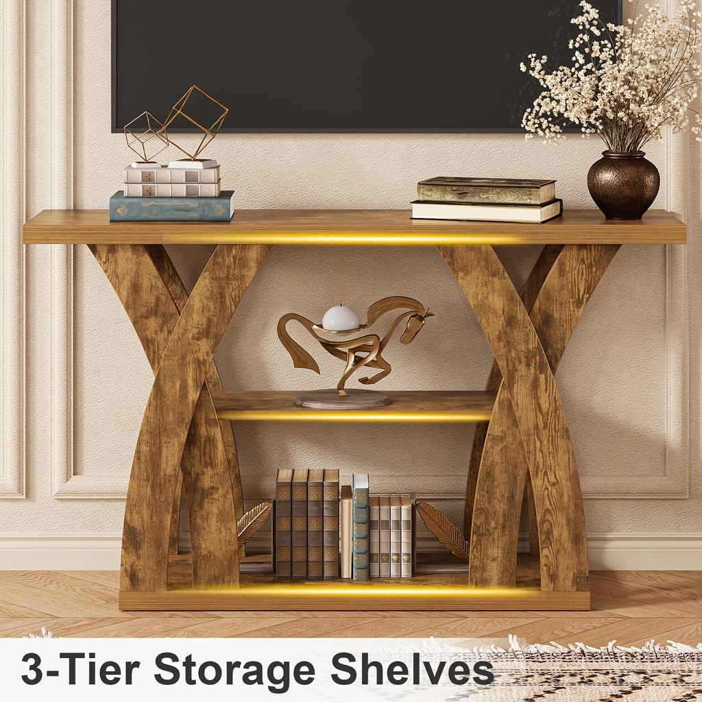 55" Rustic Console Table – 3-Tier Storage, X-Frame Legs, LED Strip | Entryway & Sofa Table