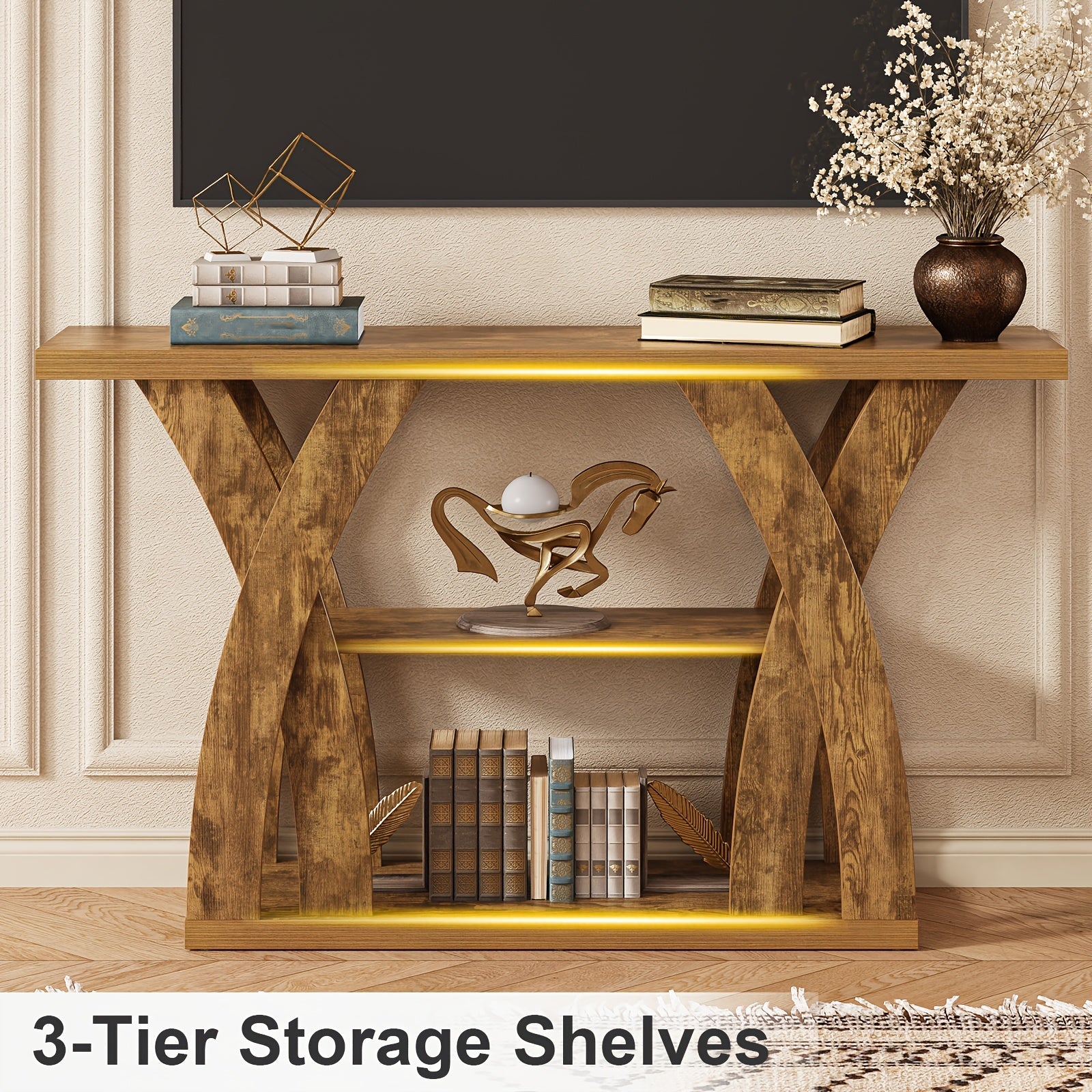 55" Rustic Console Table – 3-Tier Storage, X-Frame Legs, LED Strip | Entryway & Sofa Table