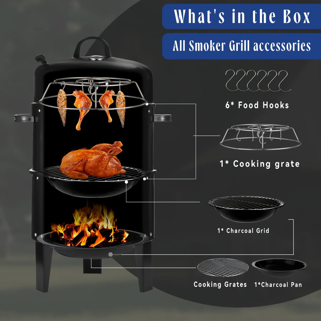3-in-1 Charcoal Smoker Grill – BBQ Grill, Smoker & Fire Pit | Built-In Thermometer, 2 Access Doors, 6 Food Hooks