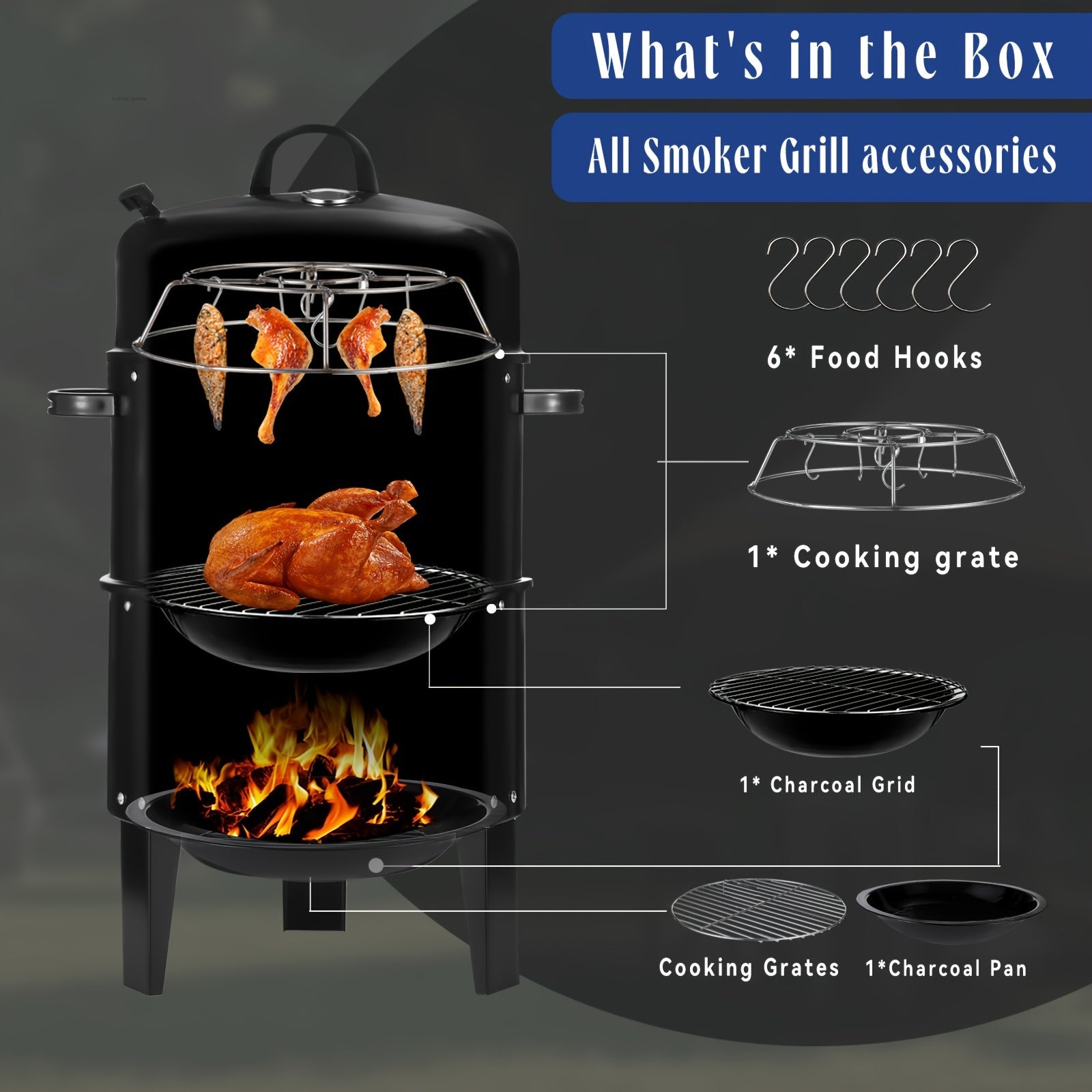 3-in-1 Charcoal Smoker Grill – BBQ Grill, Smoker & Fire Pit | Built-In Thermometer, 2 Access Doors, 6 Food Hooks