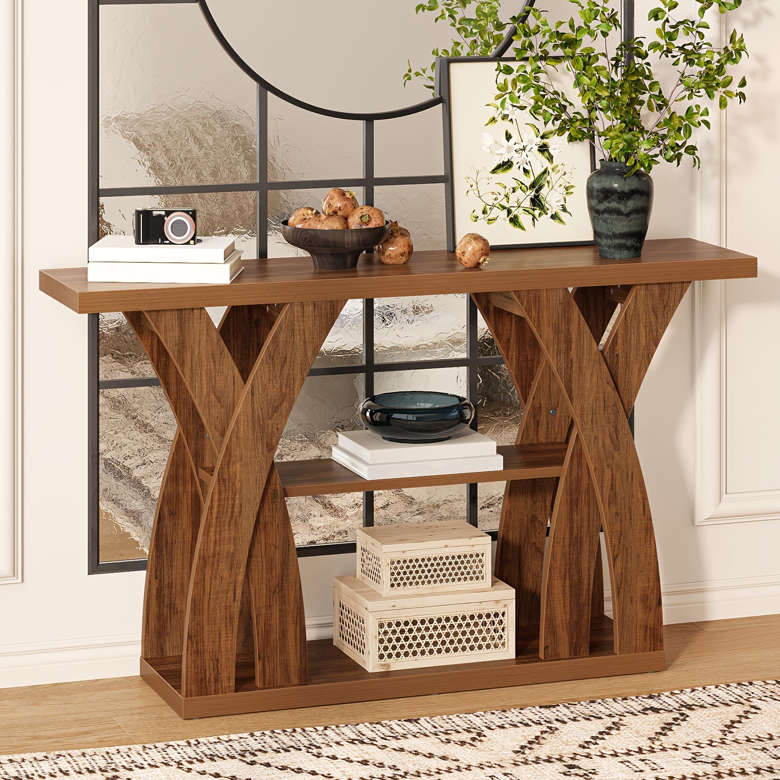 55" Rustic Console Table – 3-Tier Storage, X-Frame Legs, LED Strip | Entryway & Sofa Table