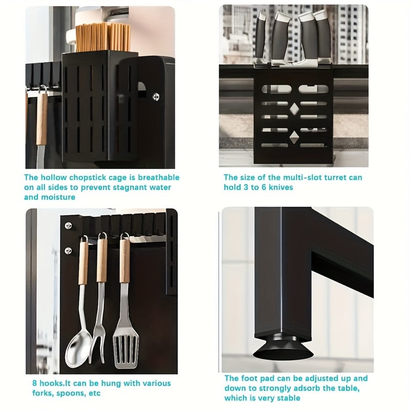 Over-Sink Dish Drying Rack – Flip-Up Glass Door, 2-Tier, Knife Holder & 8 Hooks | Kitchen Organizer