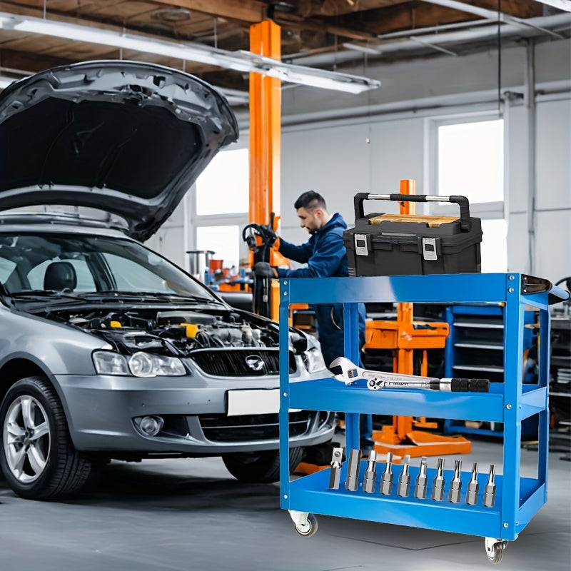3-Tier Rolling Tool Cart – Heavy-Duty Steel, 4 Swivel Casters, Waterproof Shelves | Garage & Workshop