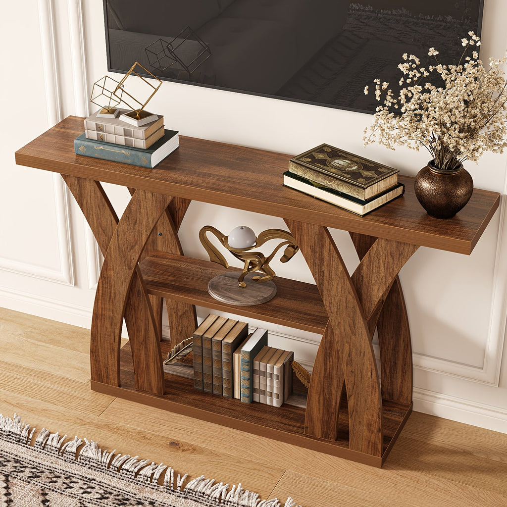 55" Rustic Console Table – 3-Tier Storage, X-Frame Legs, LED Strip | Entryway & Sofa Table