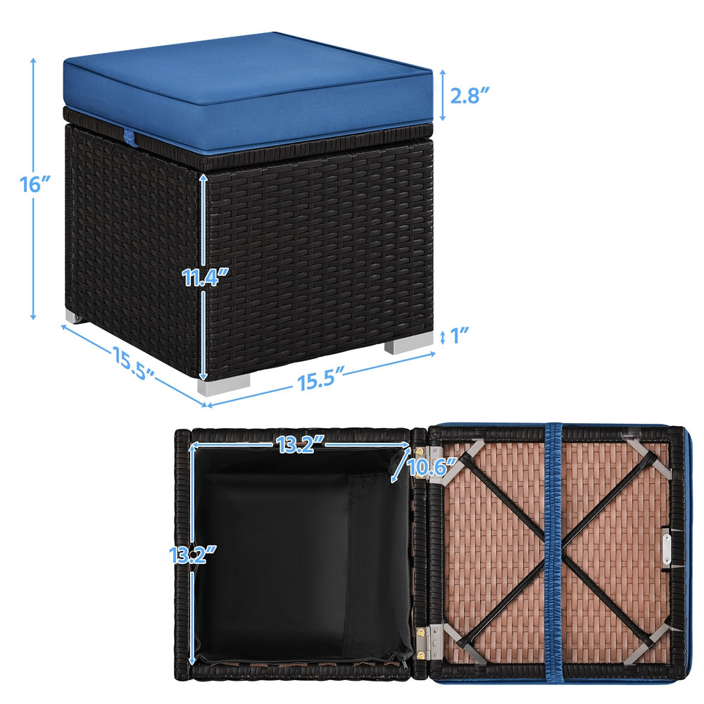 2-Piece Outdoor Rattan Storage Ottoman Set with Cushions