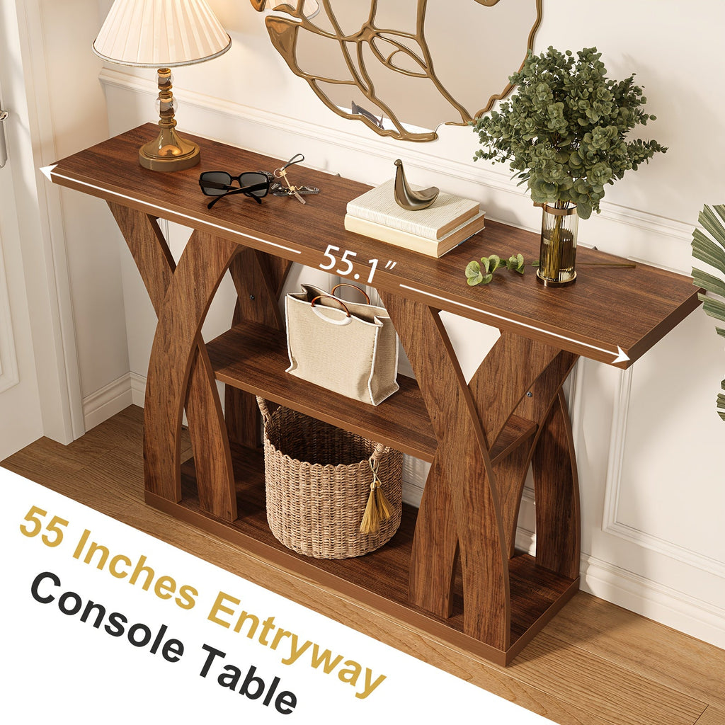 55" Rustic Console Table – 3-Tier Storage, X-Frame Legs, LED Strip | Entryway & Sofa Table