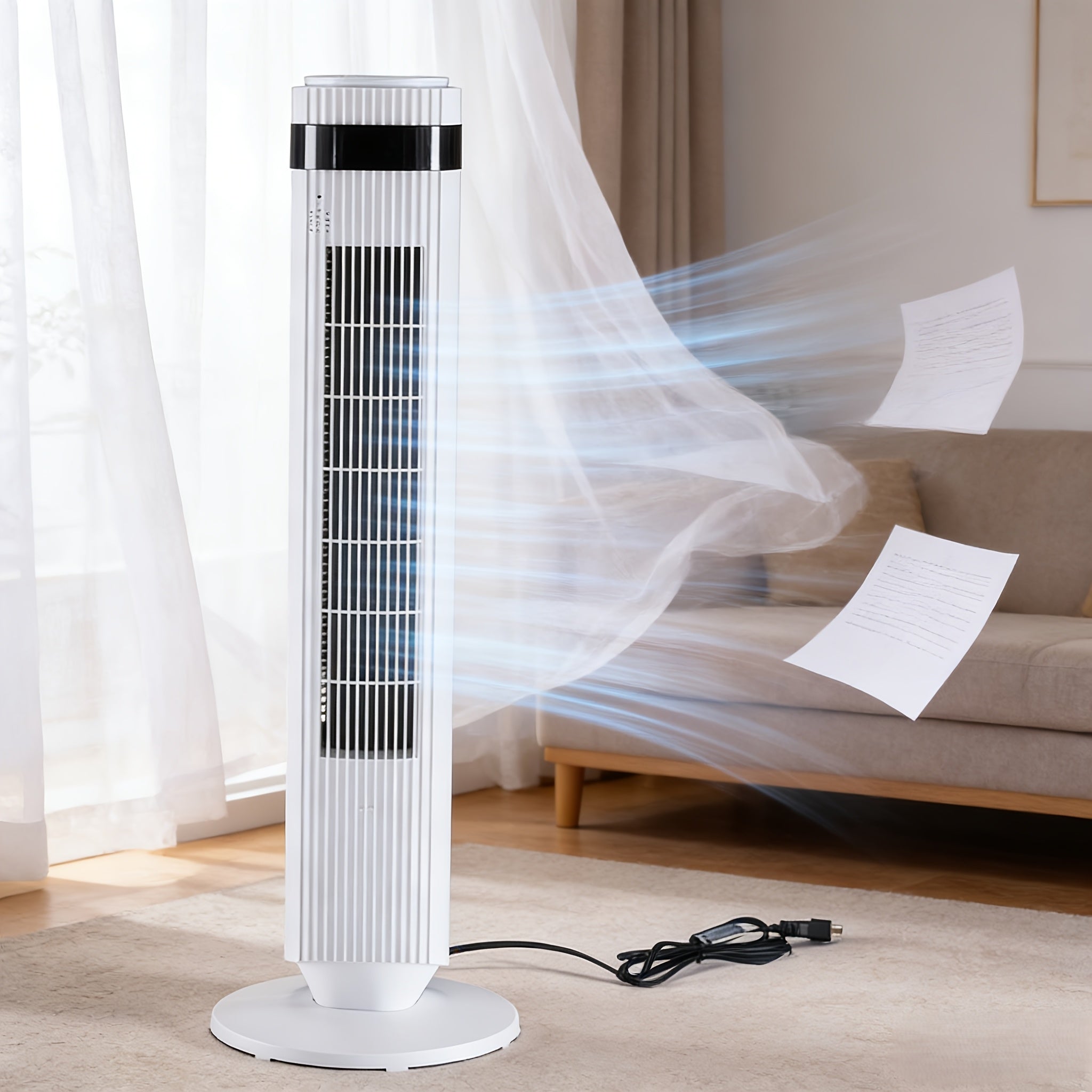 36.6" Bladeless Tower Fan – 5 Speeds, 4 Modes, 64° Oscillation, 12H Timer, Remote & LED | Quiet 28dB
