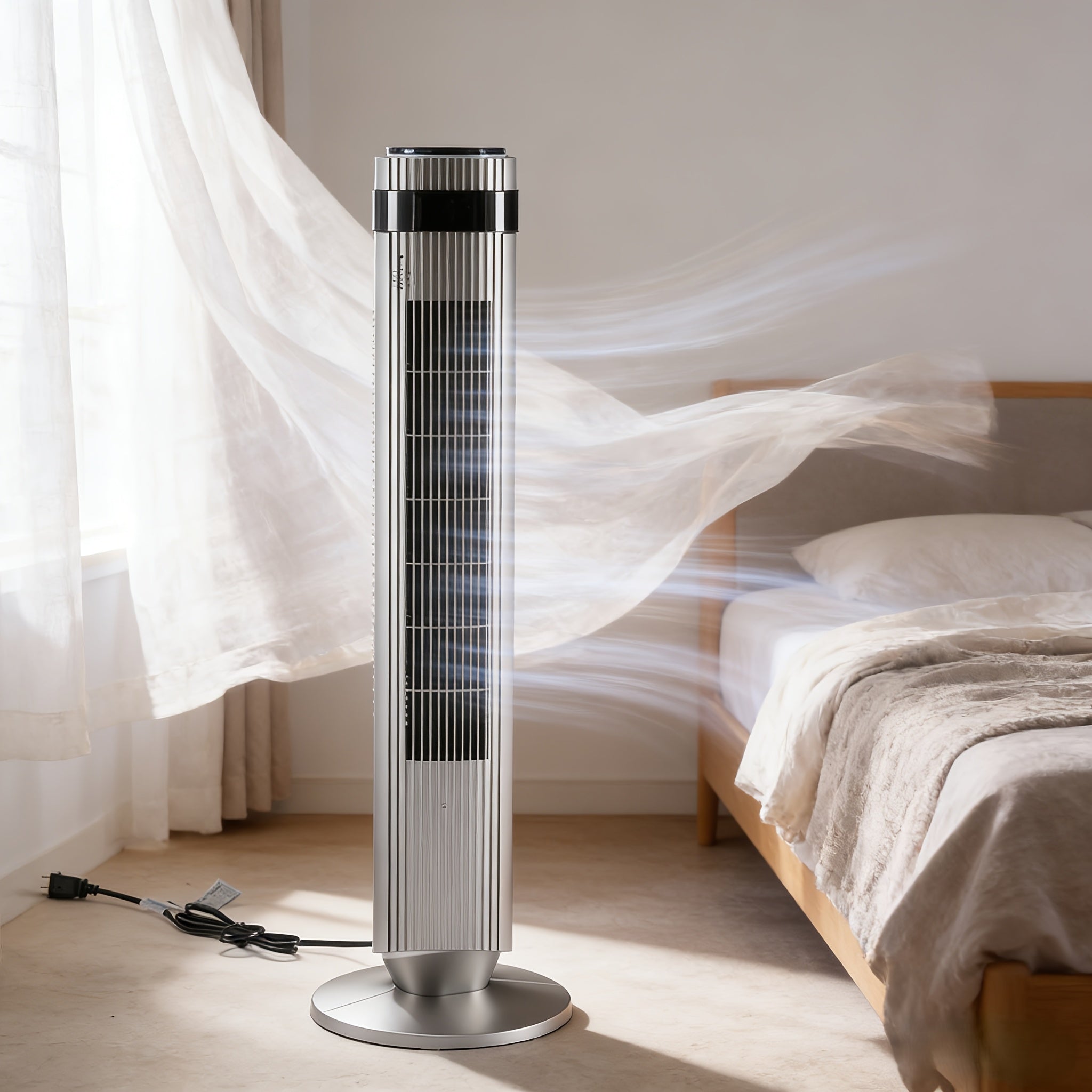 36.6" Bladeless Tower Fan – 5 Speeds, 4 Modes, 64° Oscillation, 12H Timer, Remote & LED | Quiet 28dB