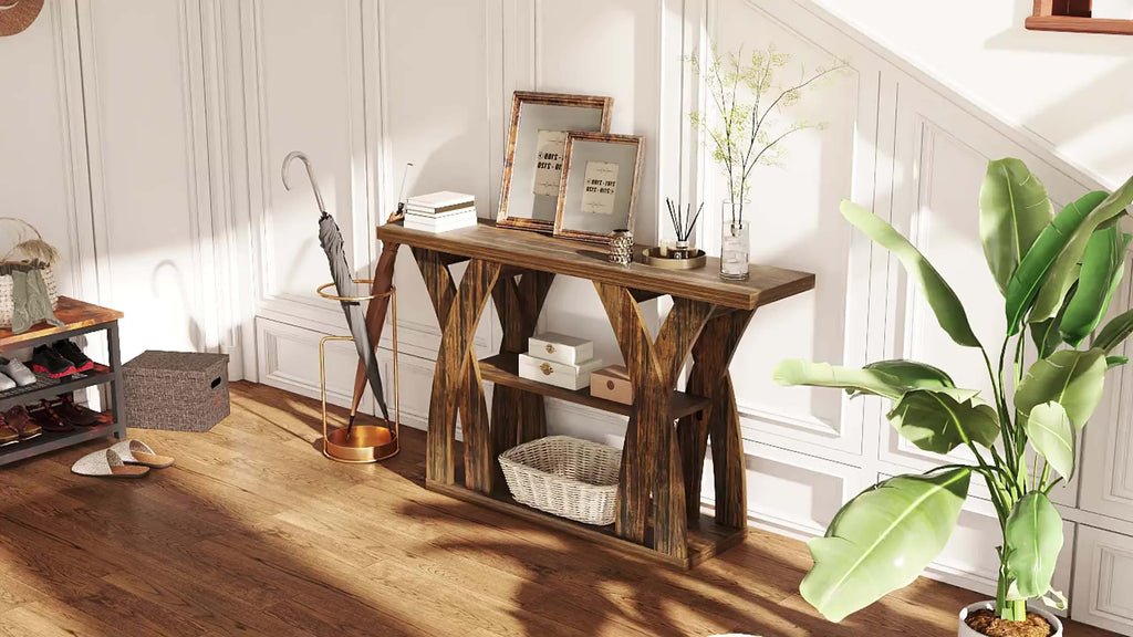 55" Rustic Console Table – 3-Tier Storage, X-Frame Legs, LED Strip | Entryway & Sofa Table