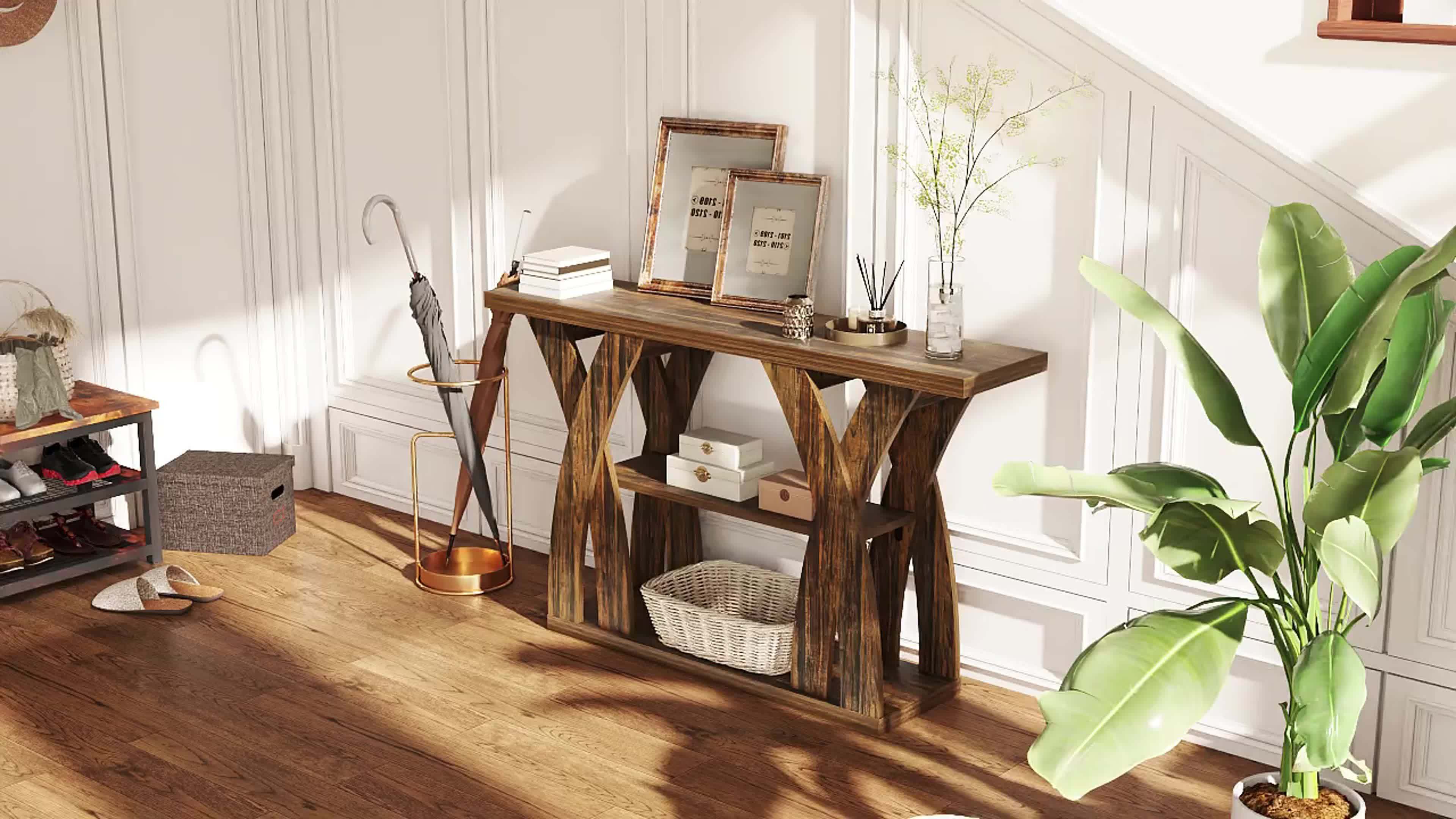 55" Rustic Console Table – 3-Tier Storage, X-Frame Legs, LED Strip | Entryway & Sofa Table