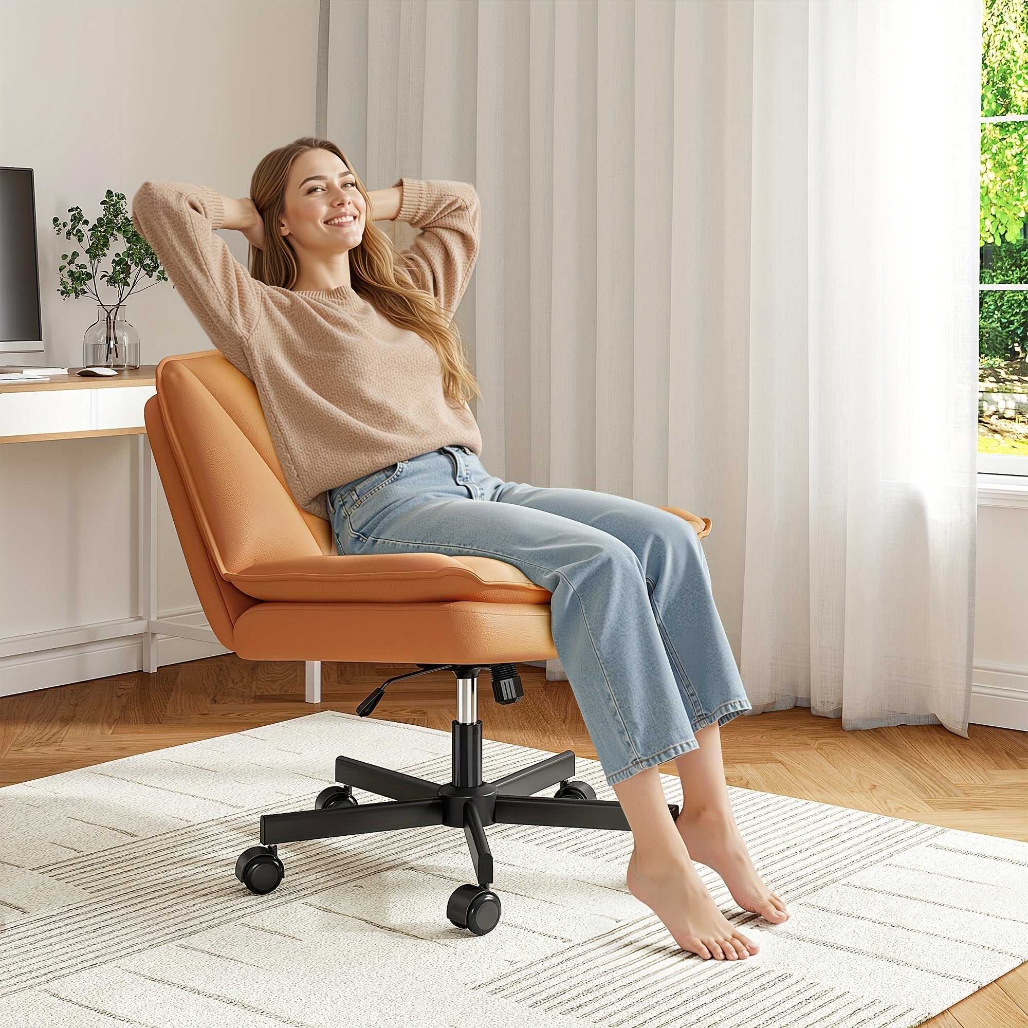 27" Wide Criss Cross Office Chair with Wheels – Ergonomic Swivel Armless Vanity & Desk Chair
