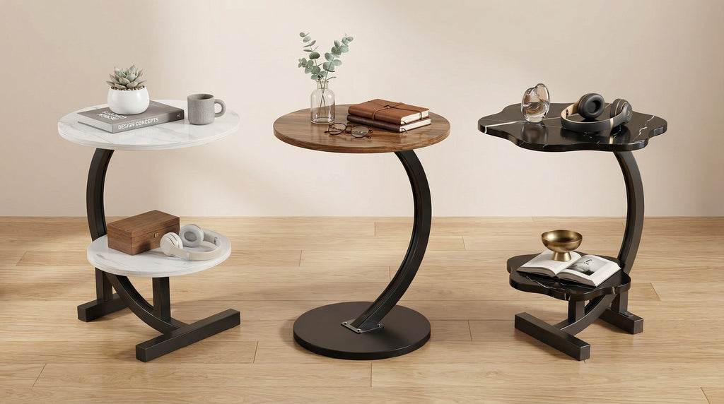 Modern Side Table – Round, C-Shape & Petal | Waterproof Surface, Wrought Iron Frame | Walnut, Black, White