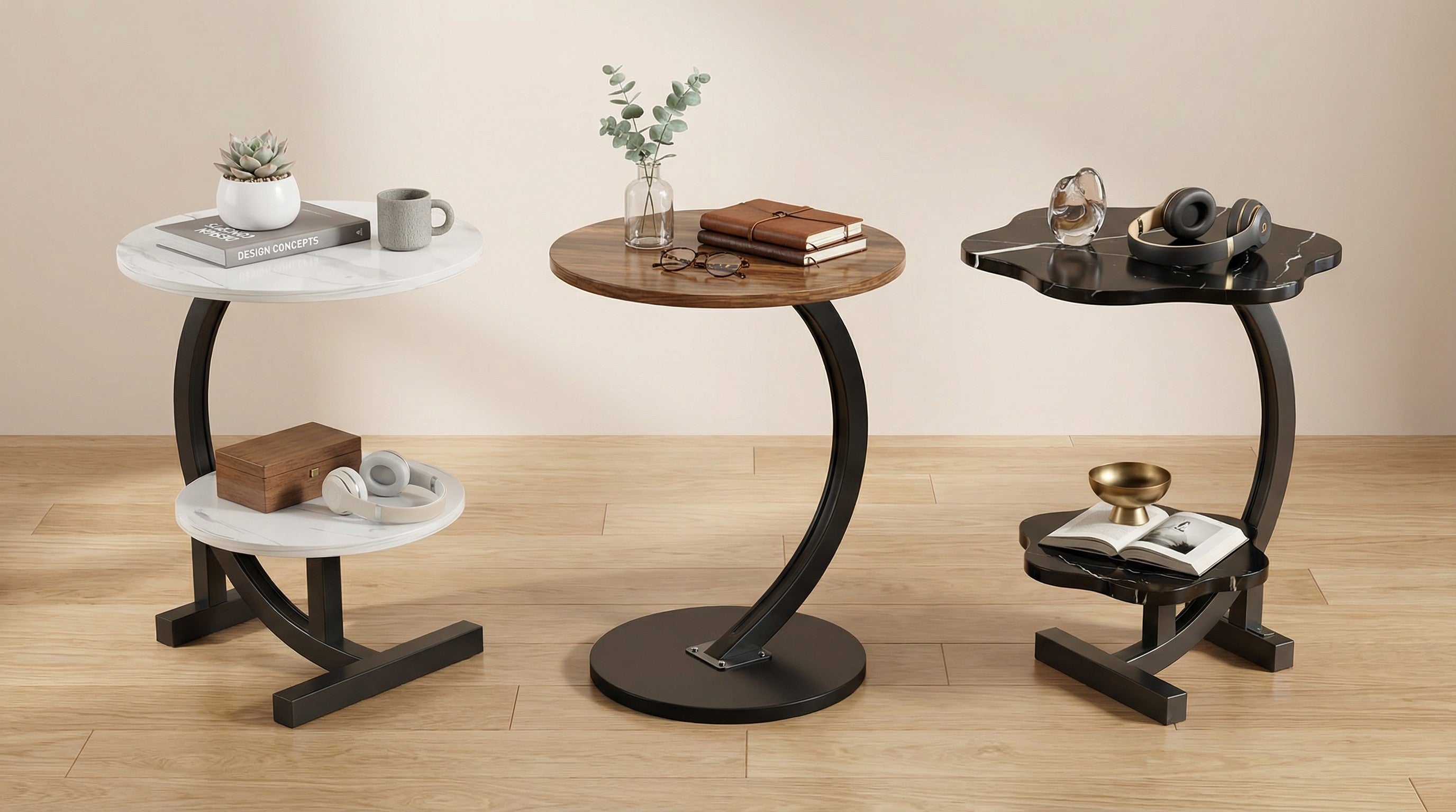 Modern Side Table – Round, C-Shape & Petal | Waterproof Surface, Wrought Iron Frame | Walnut, Black, White