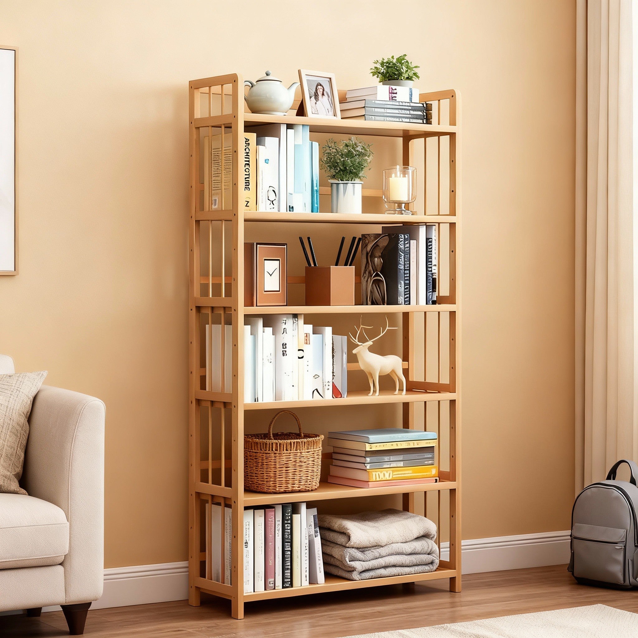 Tall Bamboo Bookshelf | Adjustable Shelves, Narrow Freestanding Storage Rack — 3 to 6 Tiers