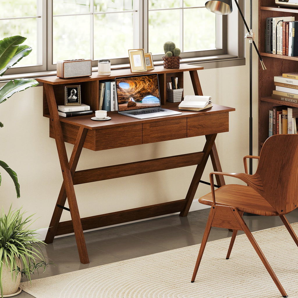 Mid-Century Home Office Desk with Hutch & Monitor Stand