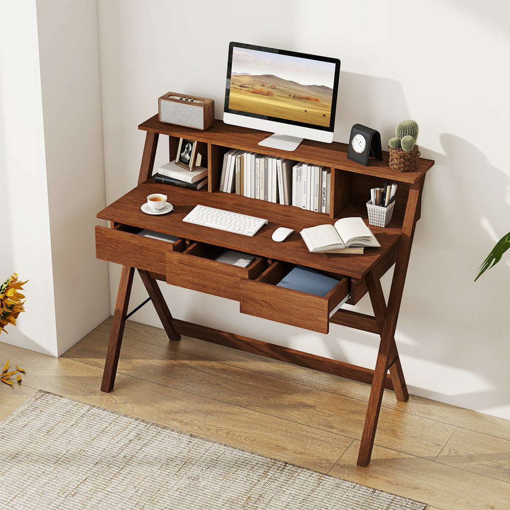 Mid-Century Home Office Desk with Hutch & Monitor Stand