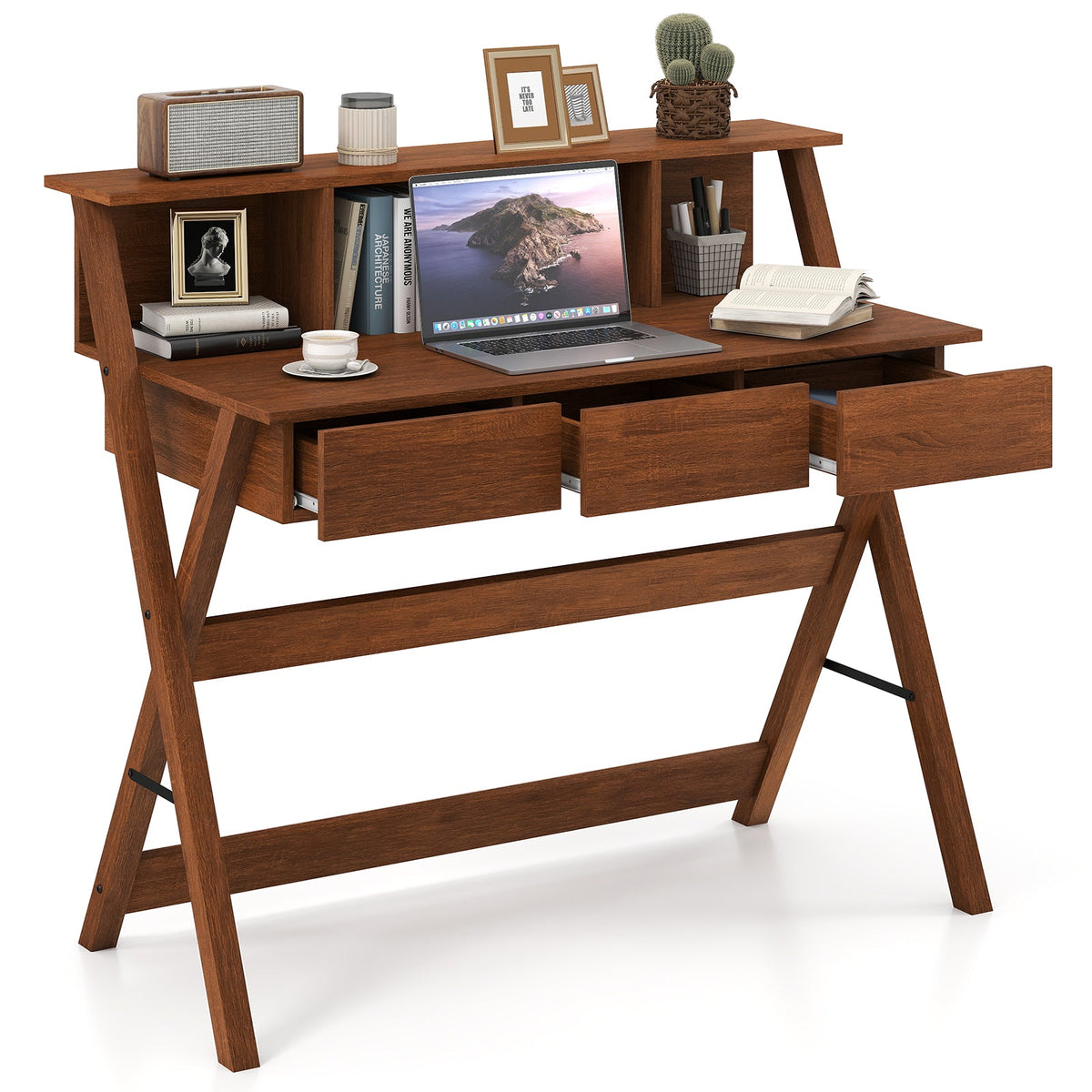 Mid-Century Home Office Desk with Hutch & Monitor Stand