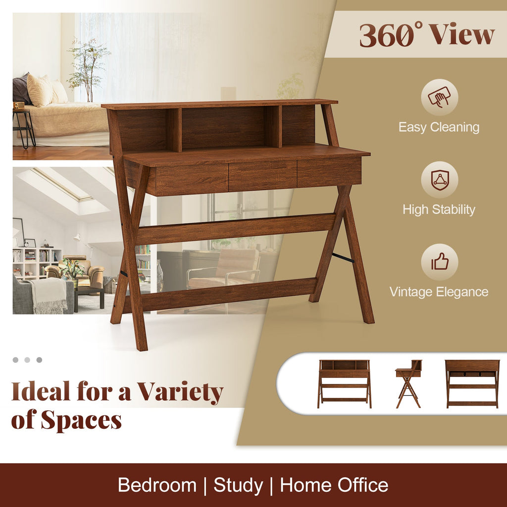 Mid-Century Home Office Desk with Hutch & Monitor Stand