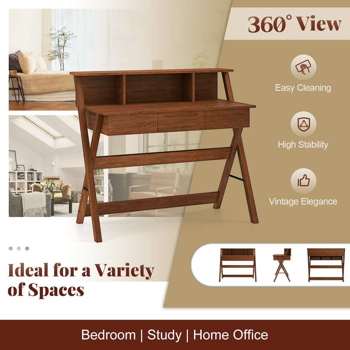 Mid-Century Home Office Desk with Hutch & Monitor Stand