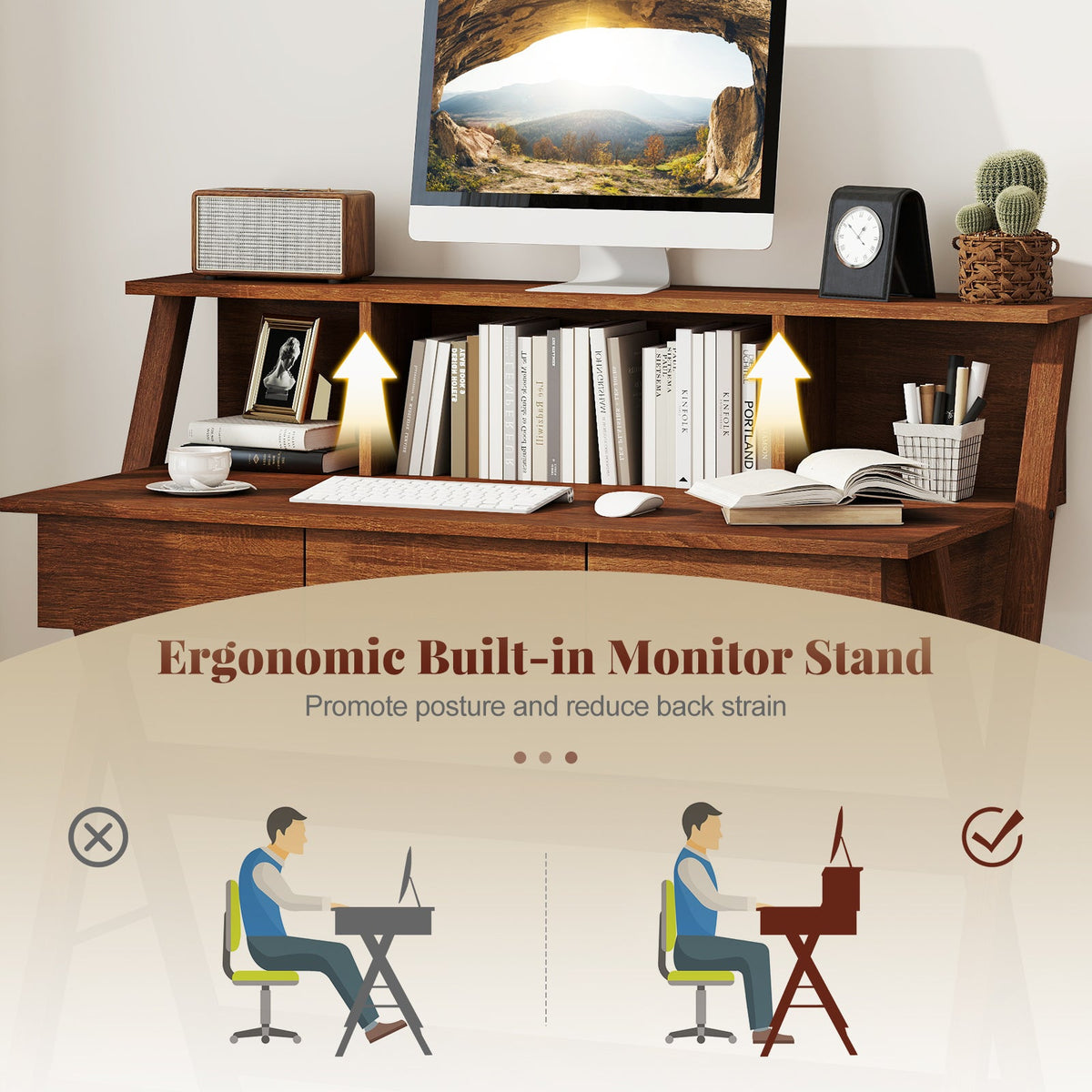 Mid-Century Home Office Desk with Hutch & Monitor Stand