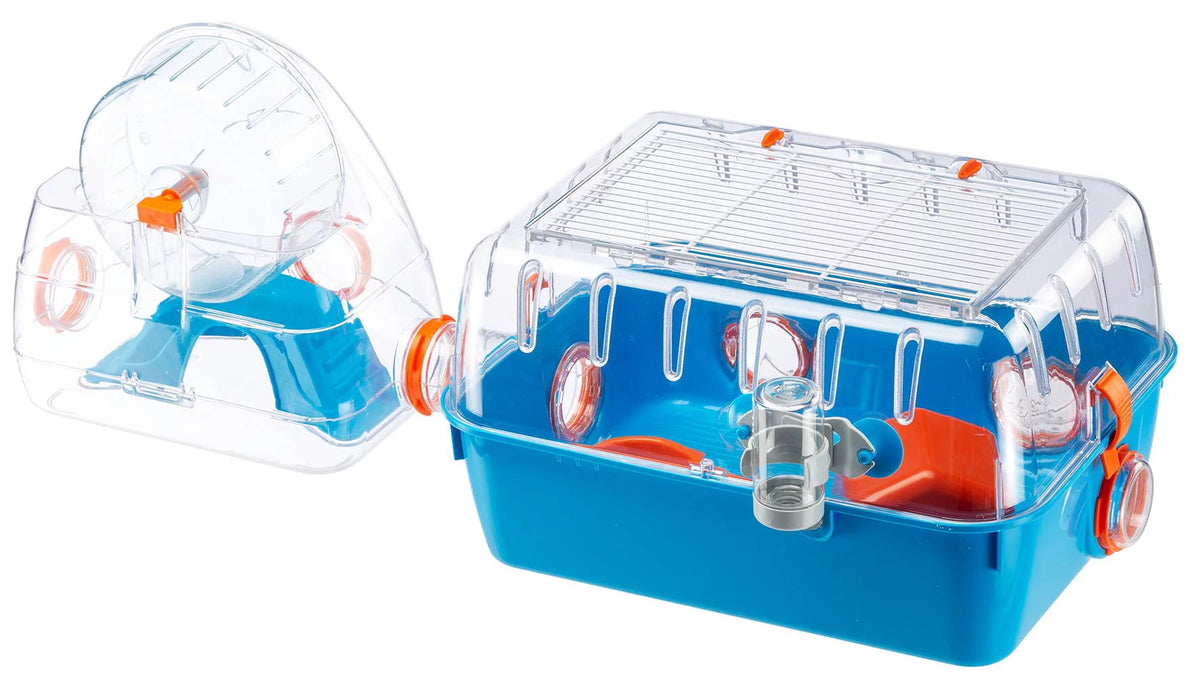 Blue and clear hamster cage with wheel on a white background