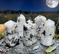 Five white rainbow moonstone point towers with dark markings displayed among herbs against a moonlit backdrop.
