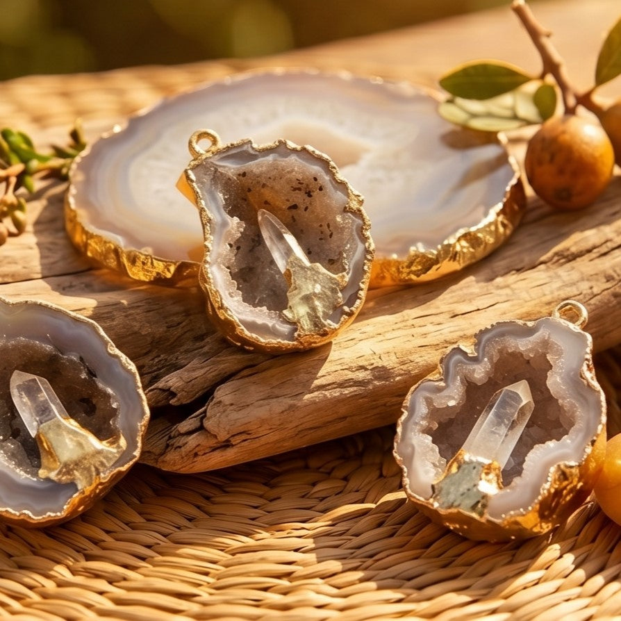 Gold-edged geode pendants with clear quartz points arranged on wood and woven straw near an agate slice.