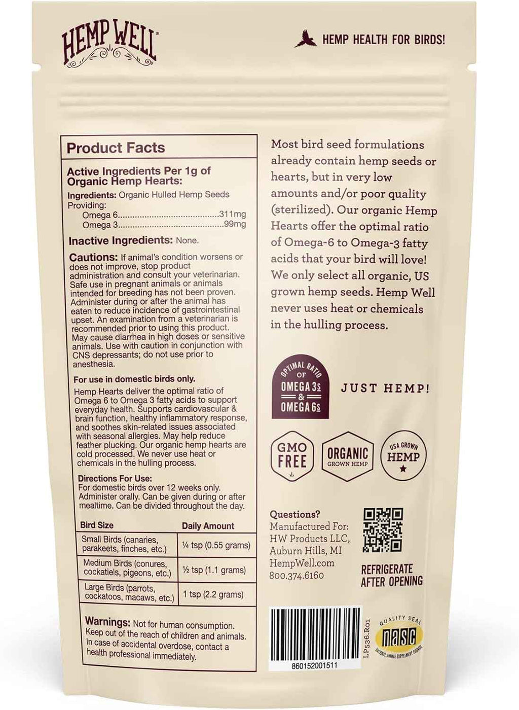 Back of a Hemp Well bird seed pouch showing product facts, directions, and branding on a beige package with black text and a brown hemp heart graphic.