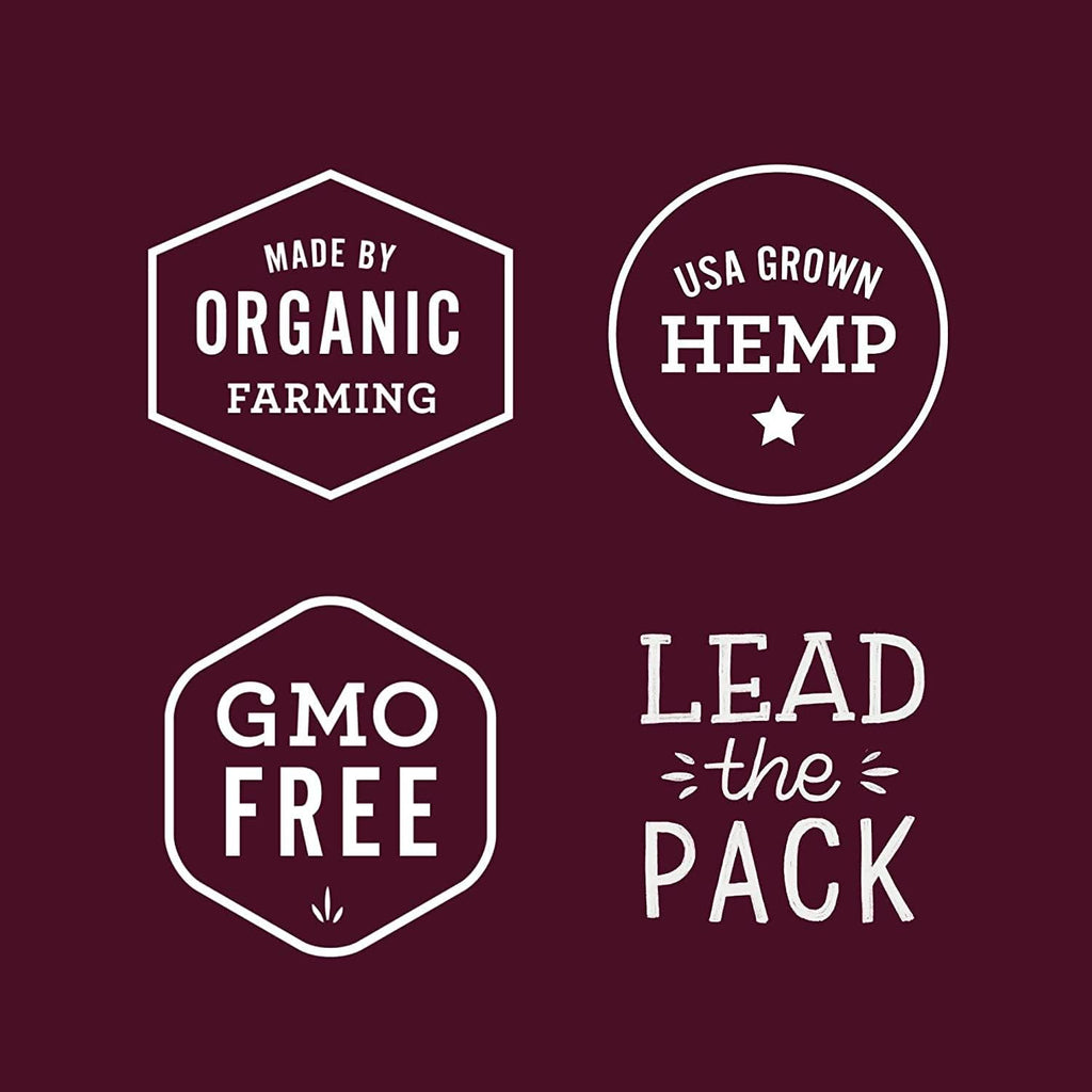 Set of organic farming, hemp, and GMO-free labels on a dark red background.