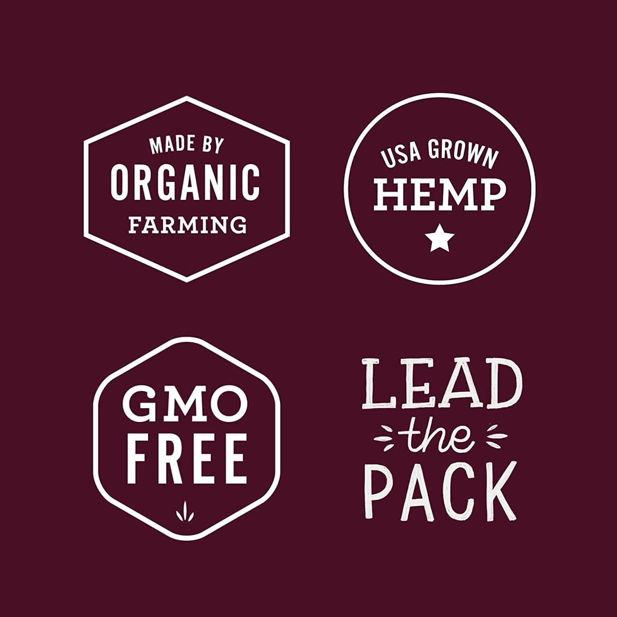 Set of organic farming, hemp, and GMO-free labels on a dark red background.