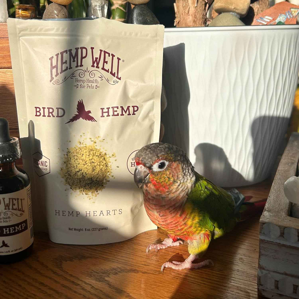 Hemp Well Bird Hemp product with a parrot on a wooden surface