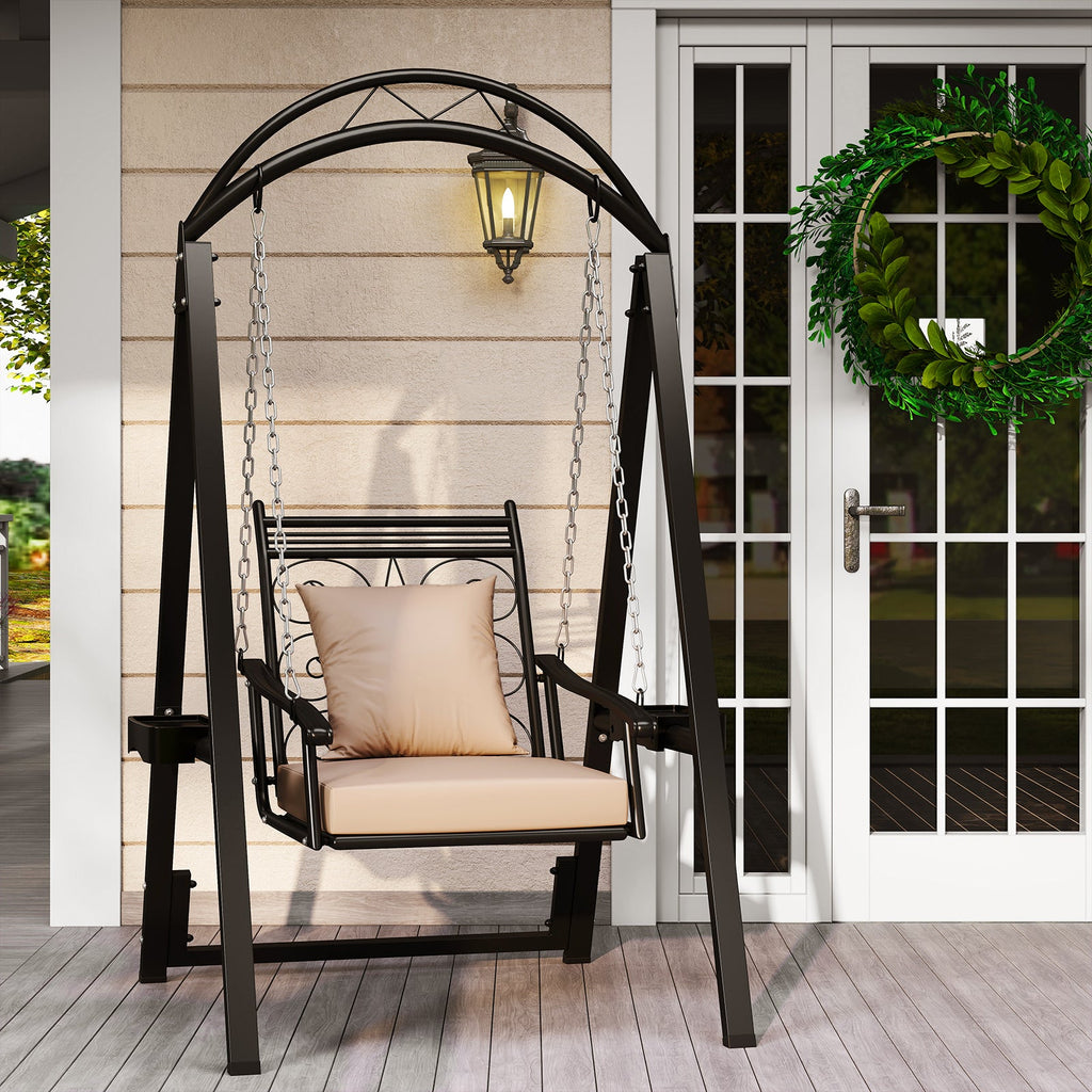 Outdoor Porch Swing Chair with Arched Stand & Side Trays