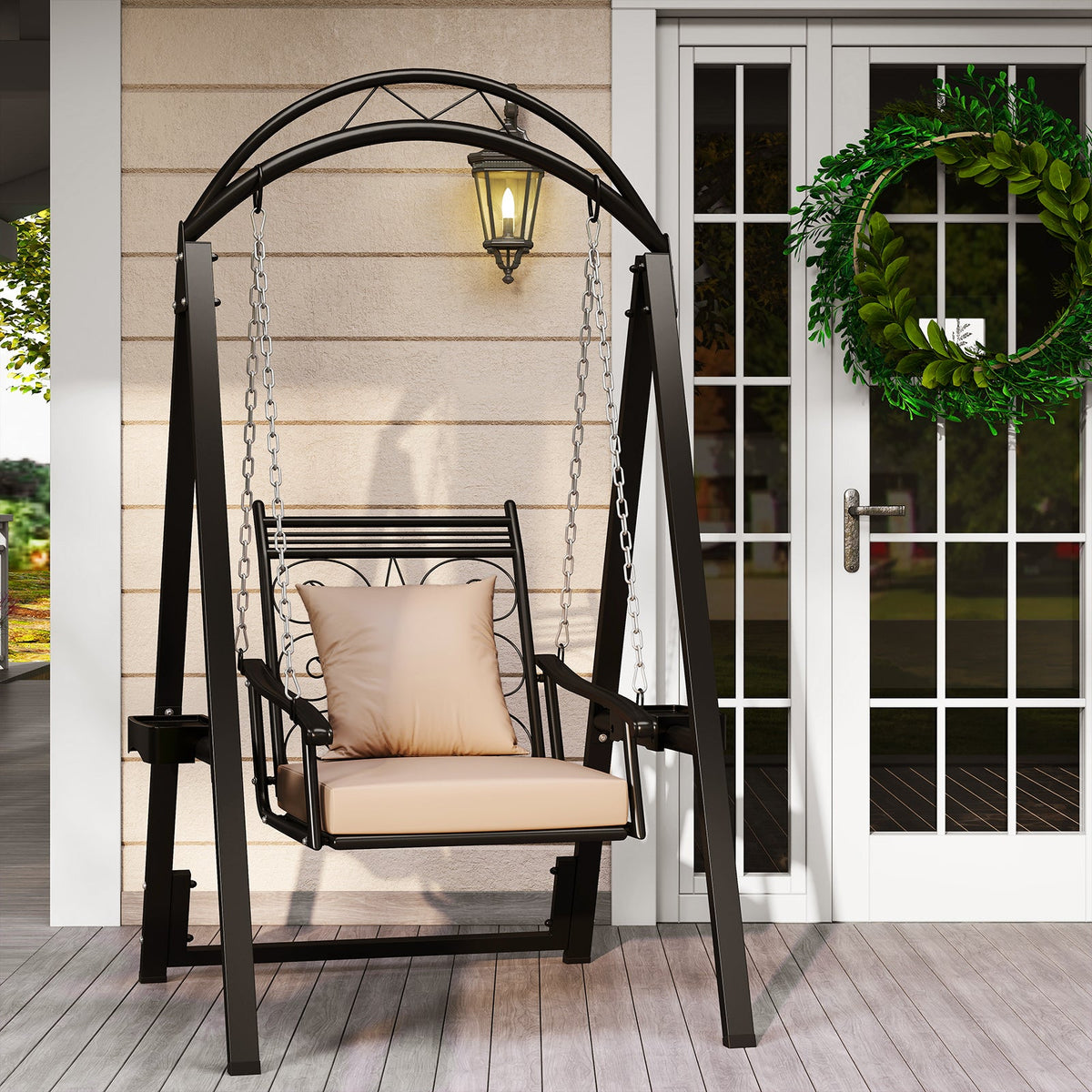 Outdoor Porch Swing Chair with Arched Stand & Side Trays