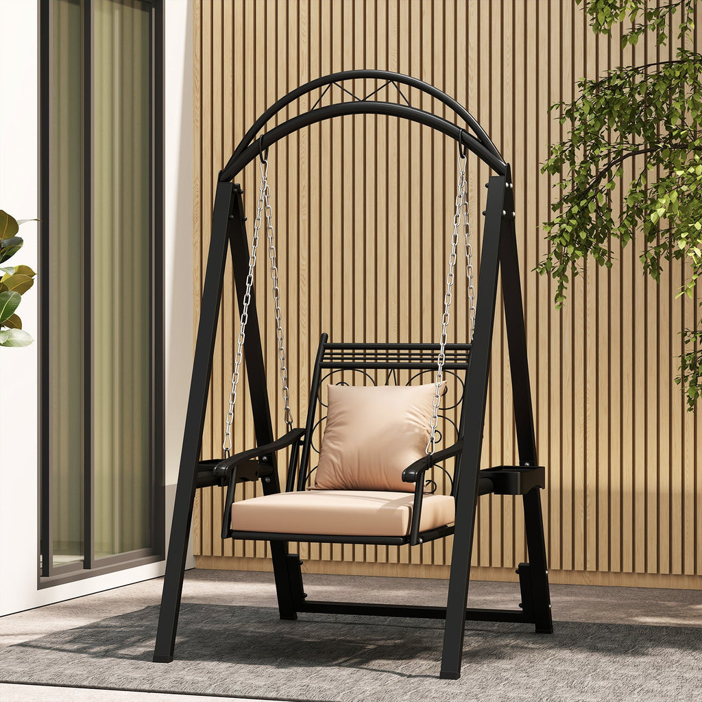 Outdoor Porch Swing Chair with Arched Stand & Side Trays