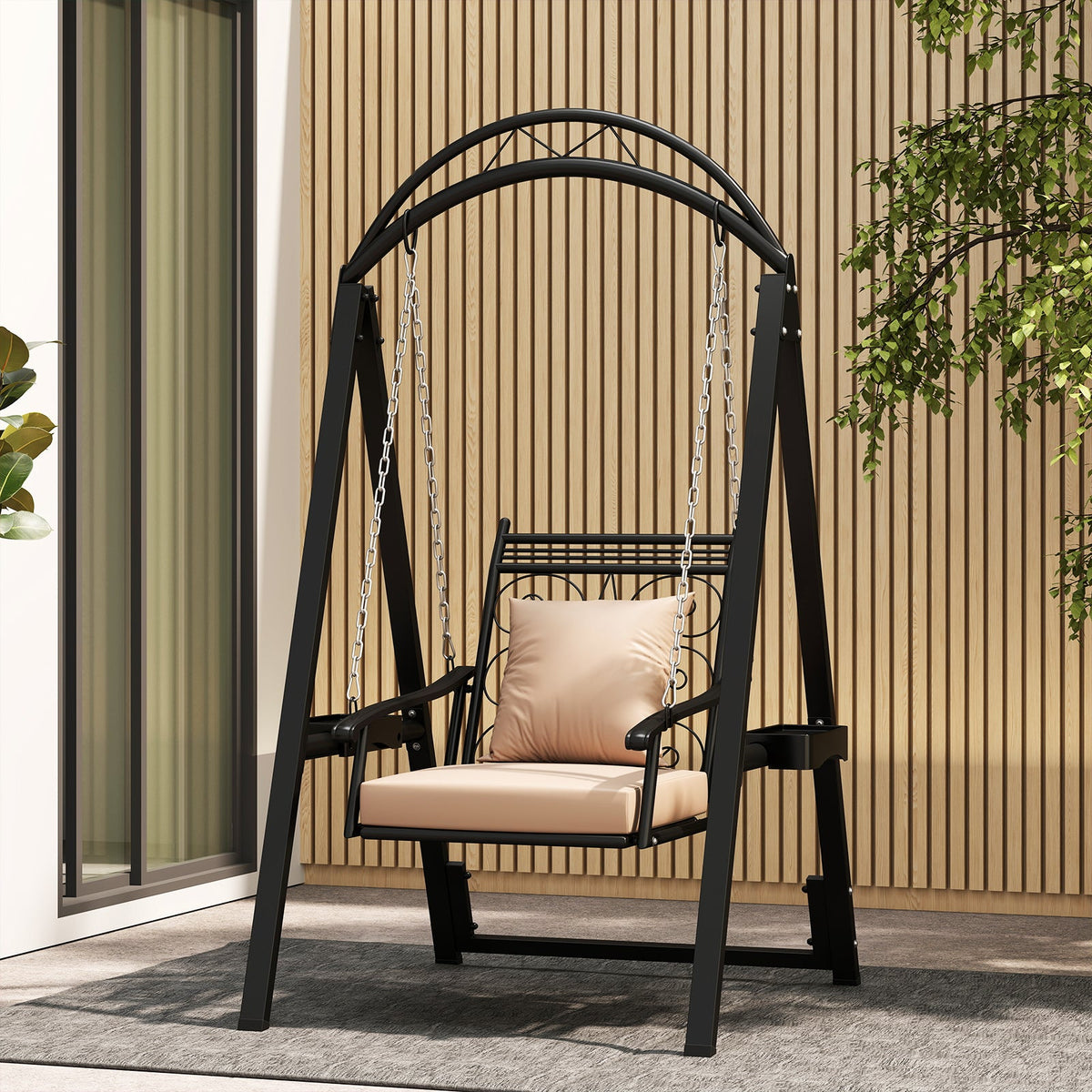 Outdoor Porch Swing Chair with Arched Stand & Side Trays