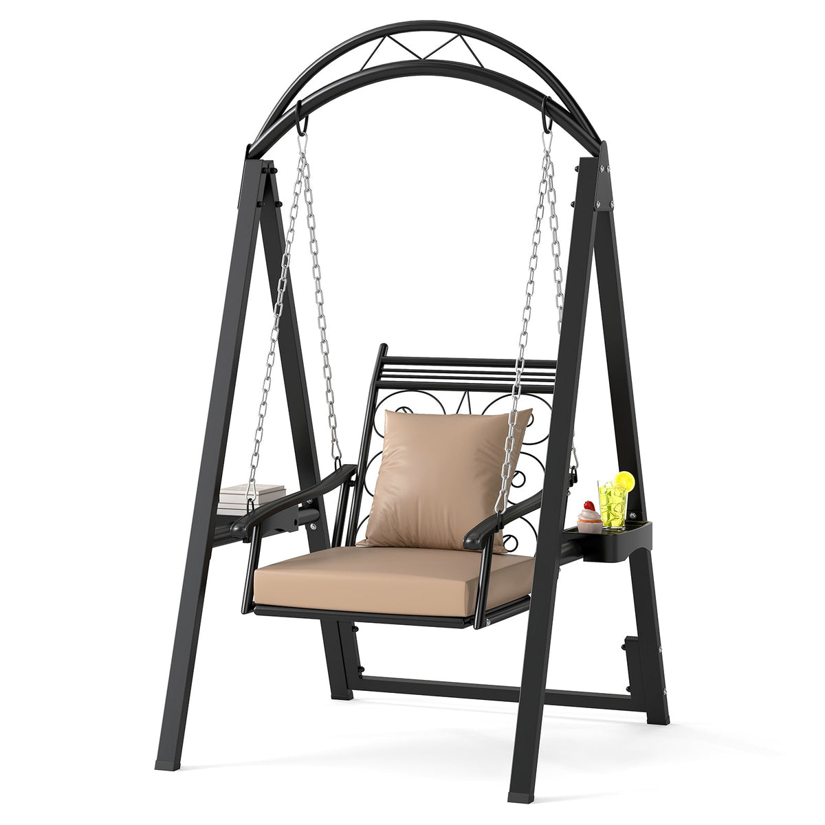Outdoor Porch Swing Chair with Arched Stand & Side Trays