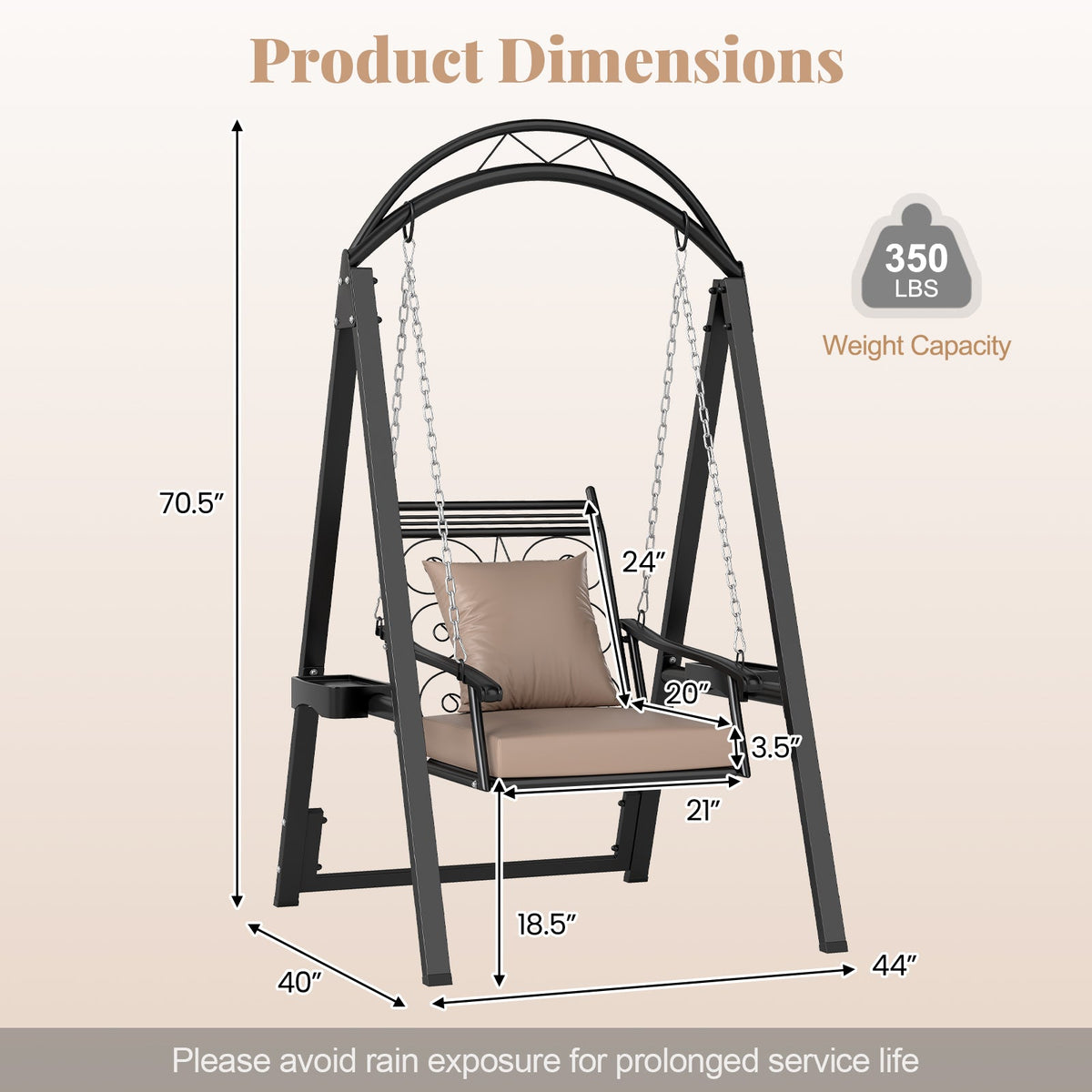 Outdoor Porch Swing Chair with Arched Stand & Side Trays