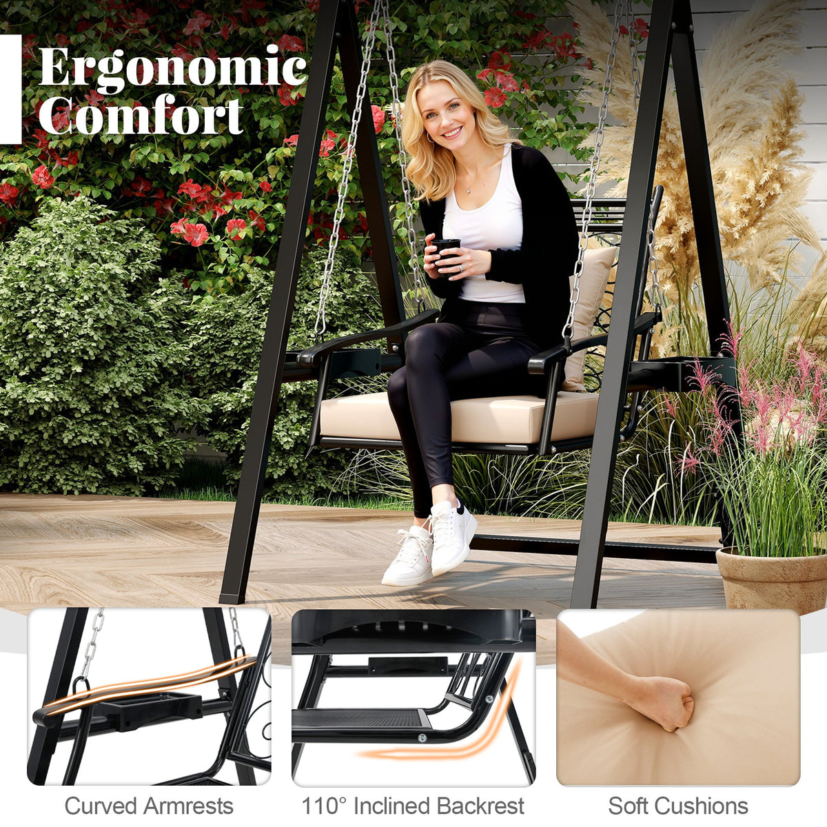 Outdoor Porch Swing Chair with Arched Stand & Side Trays