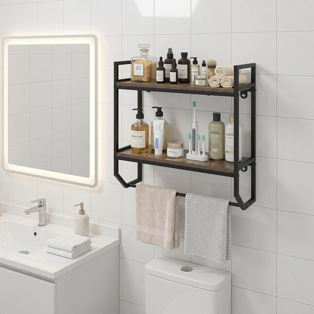2-Tier Wall Mounted Bathroom Shelf with Towel Bar
