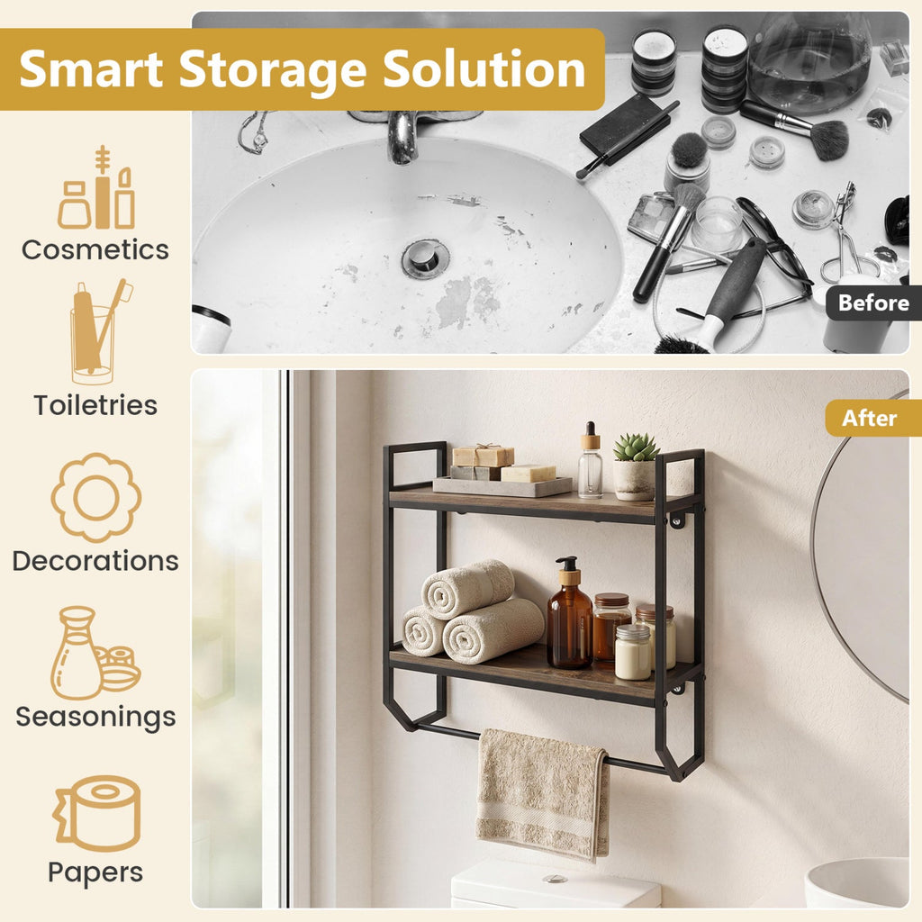 2-Tier Wall Mounted Bathroom Shelf with Towel Bar