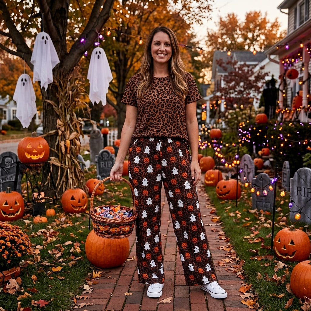 Leopard Ghost & Pumpkin Halloween Pants